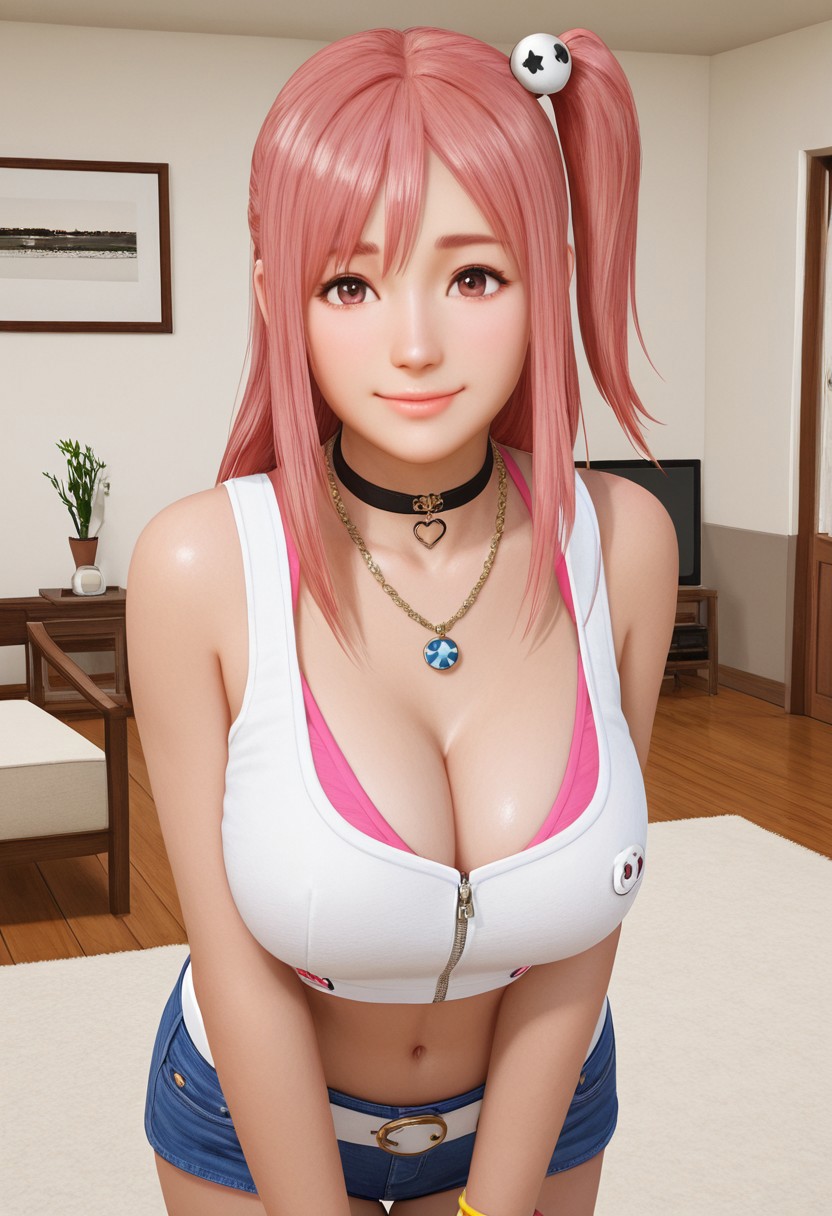 anime screencap,Honoka,1girl,solo,pink hair,one side up,hair ornament, long hair, parted lips,jewelry,necklace, choker, belt, white belt, short shorts,crop top, denim shorts,cleavage,large breasts,3d,realistic,smile,closed mouth,cowboy shot,indoors, house,living room,cowboy shot,