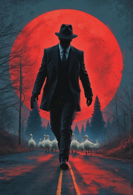 Retro game style, man in old school suit, upper body, true detective, detailed character, nigh sky, crimson moon silhouette, american muscle car parked on dark street in background, complex background in style of Bill Sienkiewicz and Dave McKean and Carne Griffiths, extremely detailed, mysterious, grim, provocative, thrilling, dynamic, action-packed, fallout style, vintage, game theme, masterpiece, high contrast, stark. vivid colors, 16-bit, pixelated, textured, distressed,
a group of white geese walking in a single file along