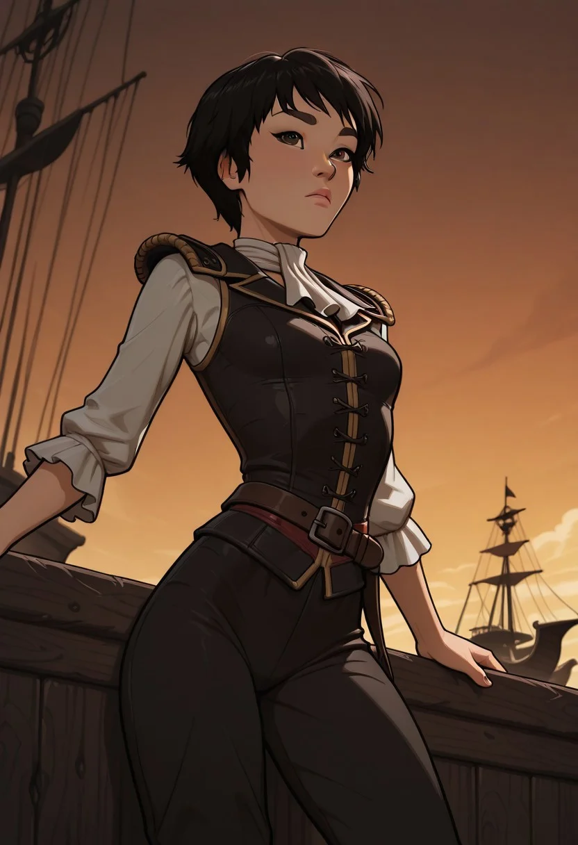 masterpiece,best quality,amazing quality,newest, absurdres, highres, detailed eyes, beautiful, perfect eyes, finely detailed face, very aesthetic, anime coloring, anime screencap, incoth, (incase:0.6), (depth of field)
1girl,
KimmyDKov, short hair, black hair, brown eyes, slim, small breasts,
pirate clothes,
dynamic pose, dutch angle,
medieval setting, pirate ship,