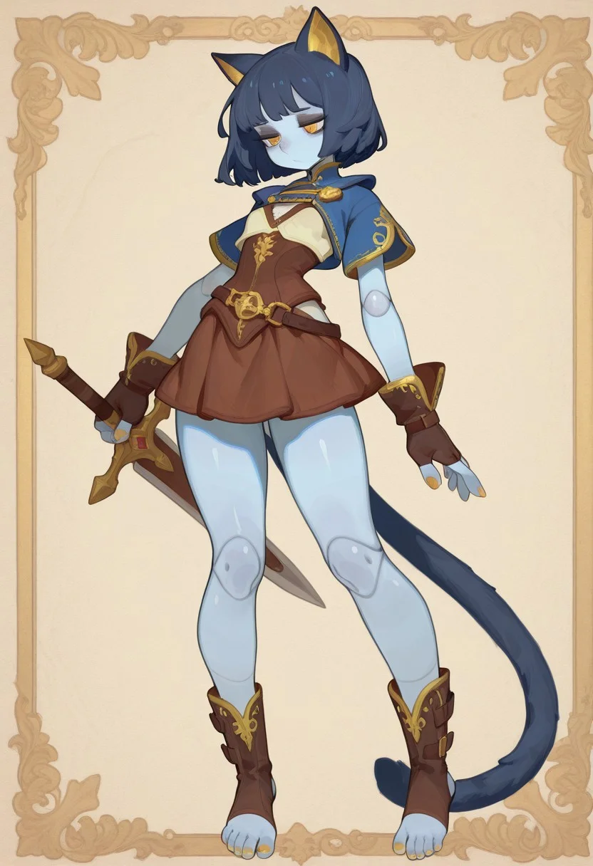 F3n6l1, masterpiece, very aesthetic, absurdres, (solo:1.5),
expressive eyes, beautiful detailed eyes:1, perfect face, (fantasy musketeer outfit:1.5), (brown skirt), (fingerless gloves:1.5), (toeless footwear:1.5), doll feet, barefoot, (5 toes:1.5), gold nails, sheathed dagger, fantasy medieval town, blue cat ears, blue cat tail, (blue skin: 1.4), colored skin, yellow eyes, cat pupils, dark blue hair, medium hair, bobcut, doll joints, bored, jitome, black eyeshadow, flat breasts, medium hips, short, dark blue ears, dark blue tail, gold inner ear, gold details, gold embroidery, gold trim,
