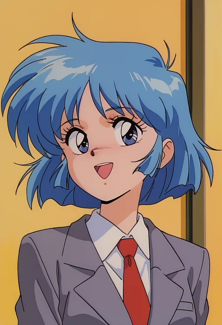 masterpiece, best quality, amazing quality, very aesthetic, absurdres, newest, illustration, perfect composition, intricate details, highres, uncensored, general, 1girl, solo, (portrait:1.2), retro artstyle, 1980s \(style\), ogawa hiroe, blue hair, blue eyes, short hair, small breasts, school uniform, blazer, grey jacket, red necktie, looking at viewer, smile, open mouth, shiny body, shiny skin, skindentation, clear skin, shiny hair, ultra detailed eyes, depth of field, sharp, intricate details, hyperdetailed, ultra-detailed, detailed clothing folds, high contrast, dynamic light <lora:Hiroe Ogawa_Nageki no Kenkou Yuuryouji_ill:1>