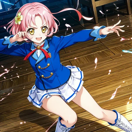 score_9, score_8_up,score_7_up,game cg,official art, uncensored, convenient censoring, covering privates,
rating_safe,rating_questionable,rating_explicit, sexually suggestive,
modeling, expressive hair, expressive clothes,
smirk, open mouth,
wooden floor, stage,fighting stance,
reaching towards viewer, Open Hand,
<lora:kitaoji:0.8> kitaoji,hair ornament, pink hair,yellow eyes, hair flower, flower, short hair, starlight academy school uniform,,blue jacket,white skirt,blazer white footwear, knee boots,