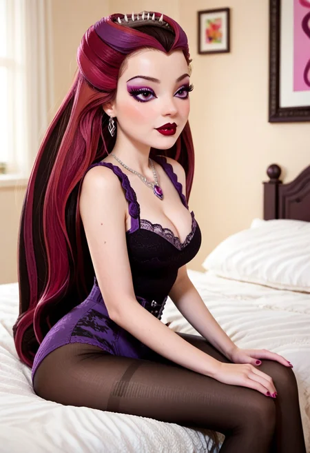 score_9, score_8_up, score_7_up, score_6_up, score_5_up, best high quality, high res, human, equestria girls, g4, cute, female, large butt, presenting, sexy, solo, solo female, 
OverallDetail, masterpiece, best quality, score_9, score_8_up, looking at partner, lidded eyes, solo, 1girl, adult woman, 20 years old, 
easynegative,  raven queen, multicolored hair, purple hair, magenta hair, dark hair, purple eyes, lipstick, cleavage,  black pantyhose, lace boots,
five fingers, close-up, female, show accurate, breasts, cute, blush, masterpiece, best quality, source_cartoon, thin, tall, makeup, full body visible, lying on a bed, side view,
wide hips, indoors, detailed, beautiful, anatomically correct, blushing, breasts, big breasts, blushing, cleavage,