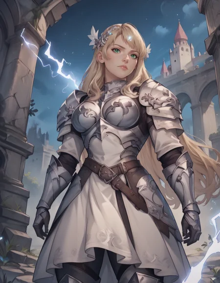 score_9, score_8_up, score_7_up,score_6_up, score_5_up, score_4_up ,1girl, solo,
large breasts,
noradg,
long hair, blonde hair,green eyes, hair ornament,
armored dress, belt boots, shoulder armor, breastplate, armored boots,
castle, ruins, light particles, night,
from below,
electricity, magic,
looking at viewer,
<lora:NoraDG_PDXL-v01-000003:1>