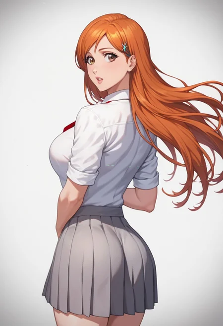 score_9, score_8_up, score_7_up,1girl, solo, bimbo, inoue orihime, long hair, orange hair, brown eyes, school uniform, grey skirt, white shirt, wide hips, toned ass, static pose, looking at viewer, charturnerv2, overall detail, high resolution, masterpiece, detailed clother, white background, highly detailed