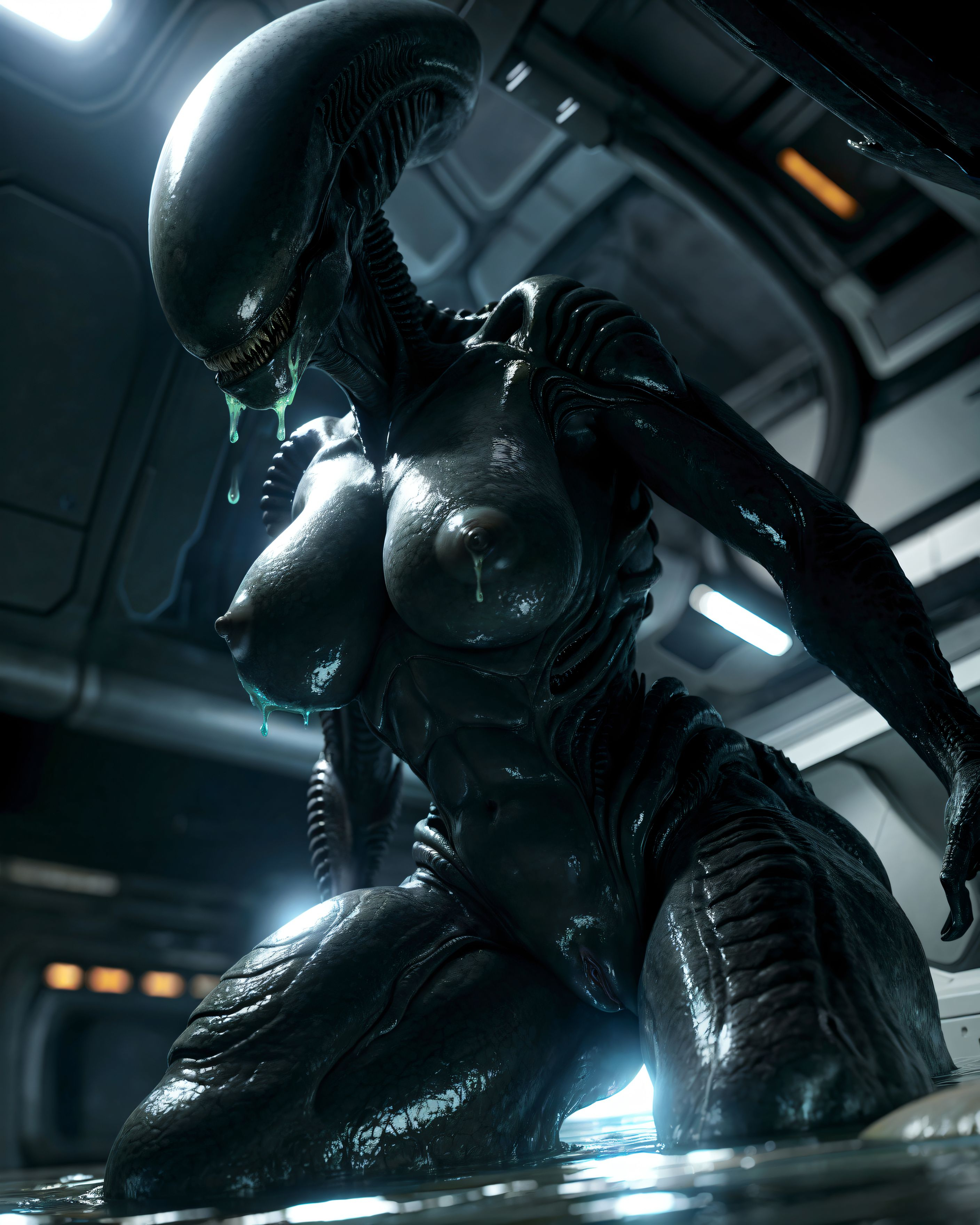 photo of xenomorph alien with (shiny slimy black skin:1.1) bathing in glowing water, xenophilia, breasts, pussy, voluptuous, deep skin, black nipples, low-angle view, glistening body, predatory look,

vignette, anamorphic lens, high dynamic range, color grading, camera_flash, partially submerged, wet body, indirect lighting, science fiction, spacecraft, close-up, slime, 

detailed_background, photorealism, detailed skin, (subsurface scattering:1.1), real life, depth of field, caustics, fresnel, irl,