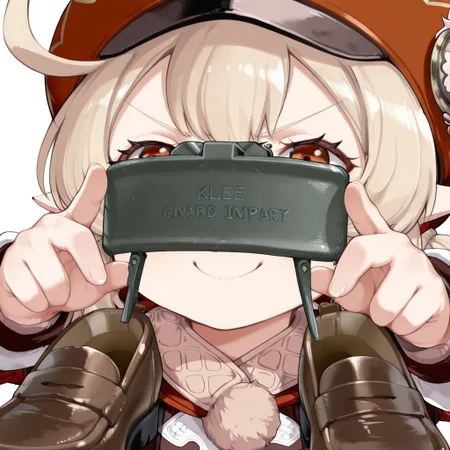 1girl, Klee \(Genshin Impact\), v-shaped eyebrows, smile, claymore \(mine\), hand, loafers focus, face close-up,
masterpiece, best quality, amazing quality,
