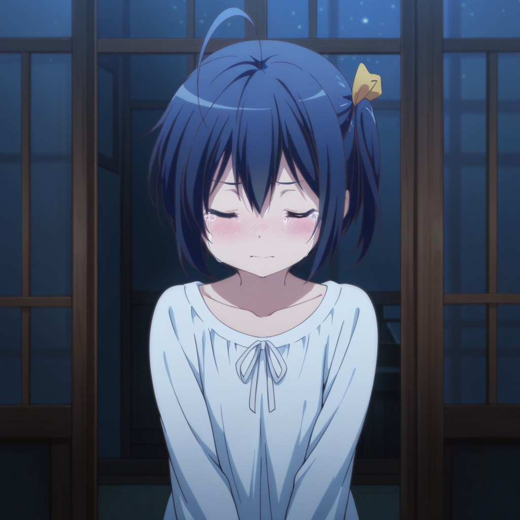 masterpiece, best quality, amazing quality, 1girl, solo, love_chunibyo_other_delusions_takanashi_rikka, blue eyes, closed eyes, tears, no eyepatch, blush, one side up, ahoge, short hair, ribbon, dress, blue hair, looking at viewer, hair ribbon, yellow ribbon, nightgown, collarbone, white dress, night, indoors, <lora:Takanashi_Rikka:0.7>
