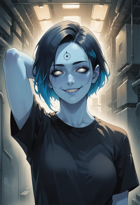 score_9, score_8_up, score_7_up, score_6_up, source_anime, <lora:Smooth Anime Style LoRA XL:0.8>, 1girl, wearing tshirt, in a futuristic room <lora:Doctor_Manhattan:1.0> drmanhattan, glowing, blue skin, blue short hair, glowing eyes, no pupils, smile BREAK vibrant, highlights, dark shadows, high contrast, hand behind head