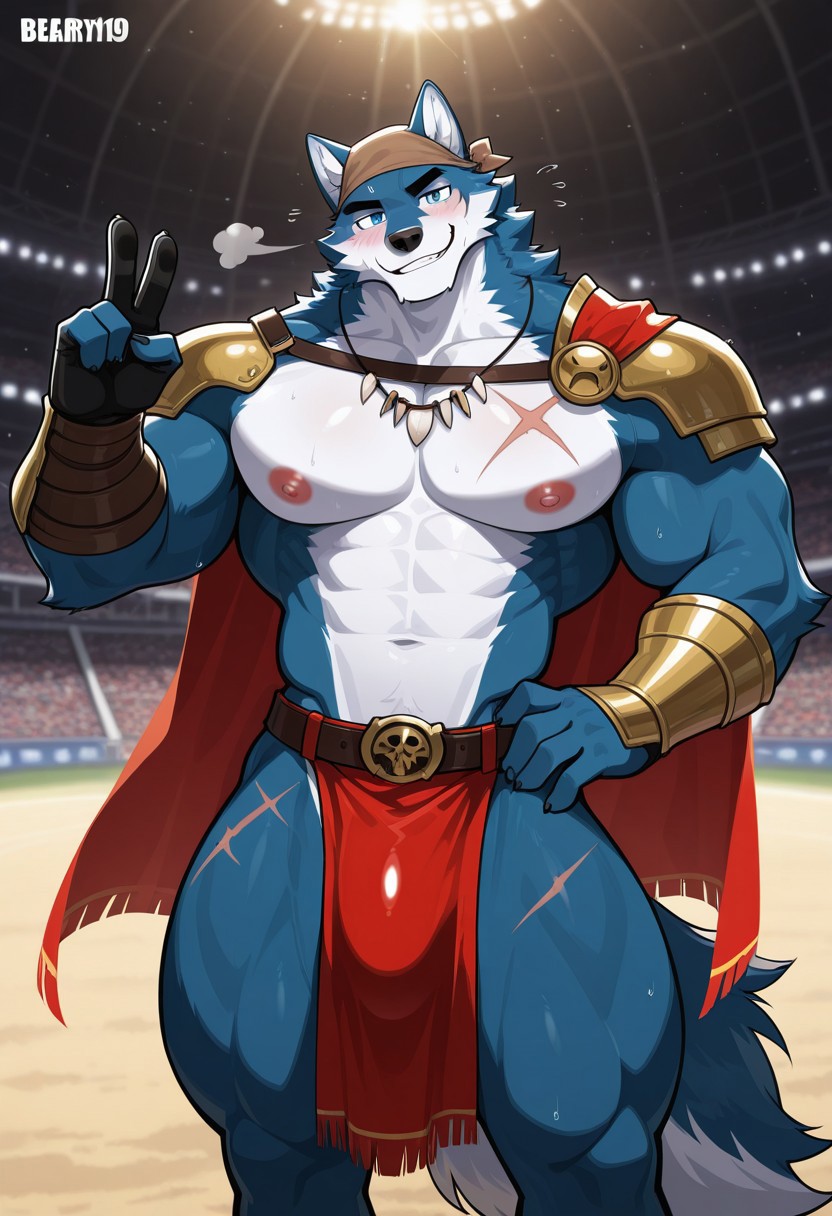 score_9_up, score_8_up, score_7_up, high quality, detailed, source_furry, 2d (artwork), cartoon style, B34rry19, anthro, muscular, furry, male, large pectorals, big nipples, hunk, muscular male, narrow waist, furry male, soft lighting, detailed pupils, scar, blush, wolf, black fur, muscular thighs, sweat drops, blue eyes, smile, red pelvis curtain, shoulder armor, necklace, tribal, head tilt, bulge, standing, smirk, belt, big tail, cape, unconvincing armor, brown bandana, dynamic pose, coliseum, left hand on hip, right hand in air, victory pose, wind, depth of field, perfect lighting, (light particles), (best quality), (masterpiece), (ultra detailed), sharp focus, BREAK score_9_up, score_8_up, score_7_up, score_6_up, score_5_up, score_4_up