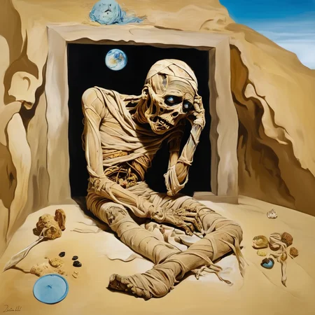 <lora:SDXL_mummy_Sa_May:1> mummy, a desiccated mummy Salvador Dali style
