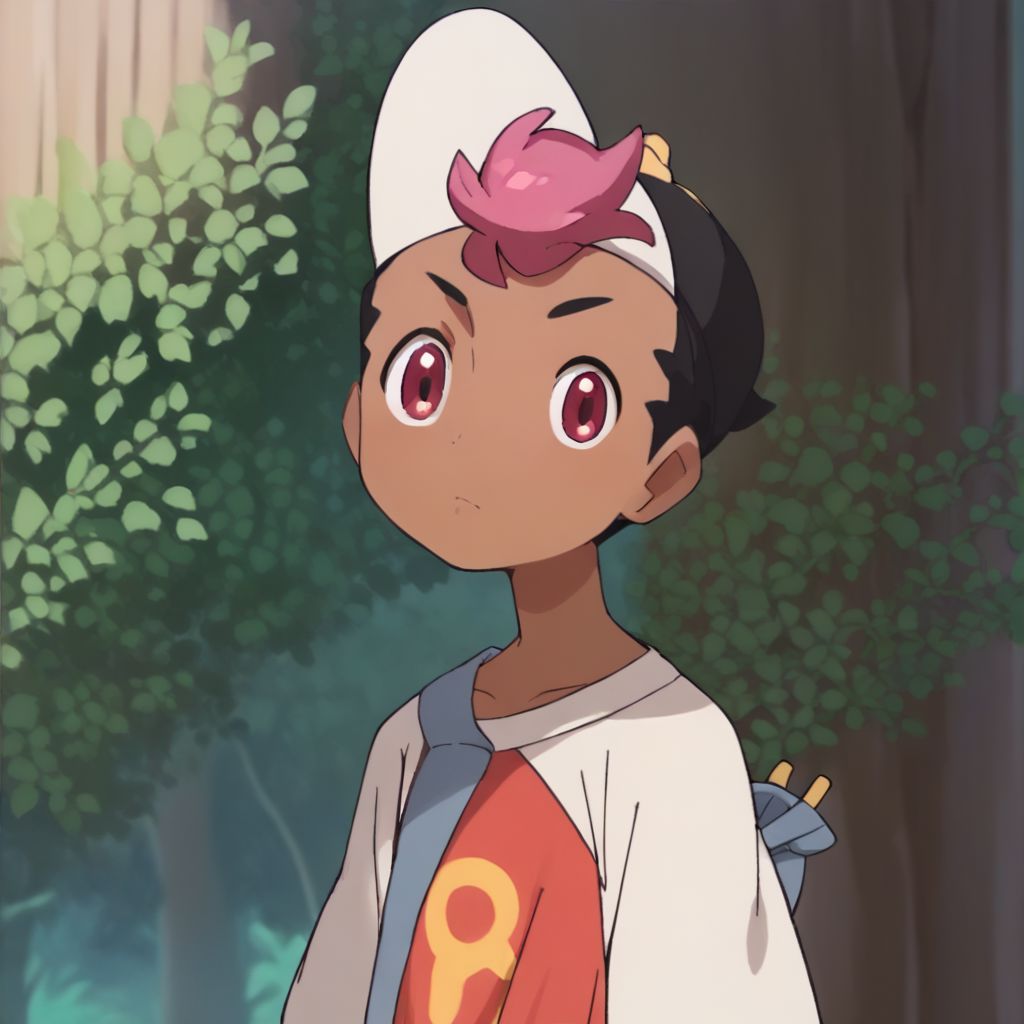 (((score_9, score_8_up, score_7_up, score_6_up, score_5_up, score_4_up)), BREAK source_anime, 1boy, solo, (roy_anipoke:1.25), two-tone hair, duotone hair, (very short hair), black and pink hair, dark skin, pink eyes, red and white shirt, dark brown short, cute, toddler, young, day, forest, baseball cap, looking at viewer, (bold borderlines, best quality borderlines, high quality borderlines:1.3), high quality, best quality, masterpiece