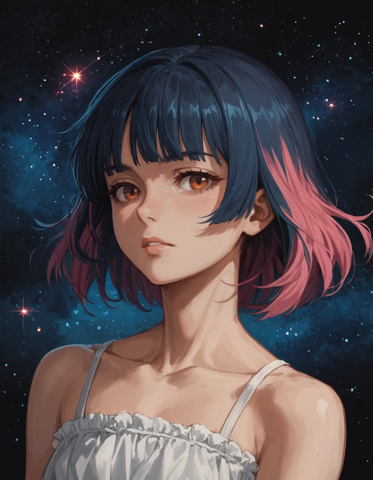 score_9, score_8_up, score_7_up, score_6_up, score_5_up, sketch, source_anime, 1girl, portrait, multicolored hair, fringe, bare shoulders, upper body, cosmic, collarbone, out of frame,