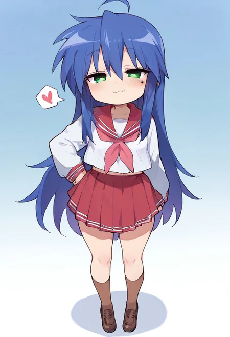 score_9,score_8_up,score_7_up,score_6_up, 1girl, solo, Expressiveh, basukechi_style, Wagashi_(Dagashiya), Atte_Nanakusa, cute girl, petite, small stature, Konata Izumi, pawg, smug, mesugaki, half-closed eyes, perfect eyes, perfect face, green eyes, blue hair, long hair, ahoge, small breasts, bottom_heavy, huge hips, wide hips, large thighs, thick thighs, thick, venus body, mole, serafuku, red skirt, red sailor collar, shoes, brown tighhighs, heart, spoken heart, hearts around head, smile, happy, looking_at_viewer, sexy pose, full body, BREAK score_9, score_8_up, score_7_up, score_6_up, source_anime, best anatomy, best quality, masterpiece, highly detailed, rating_explicit, uncensored, zPDXLxxx