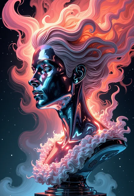 colorful art by Tang Yau Hoong, Conrad Roset and Classic Disney, The bust of a masterful Reflective bust is illuminated by the soft glow of an otherworldly light. Surrounding it are a sea of shimmering silver smoke, enveloping the viewer in its depths. , 19th-century illustration, symbolist, inventive compositions, stencil technique, pulp magazine illustration, German Renaissance, caricature, exploration of beauty and desire, soft, exploration of love and longing, Ukiyo-e, female subjects, epic composition, complex artistic color composition, rich deep colors, illustrious, <lora:models\Flux\ck-candyFLUX:0.3> <lora:models\Flux\50samerica:0.3> <lora:models\Flux\dvr-chrm-flux:0.3> <lora:models\Flux\Vintage comic book:0.3> <lora:models\Flux\zavy-lch-flx:0.3>,