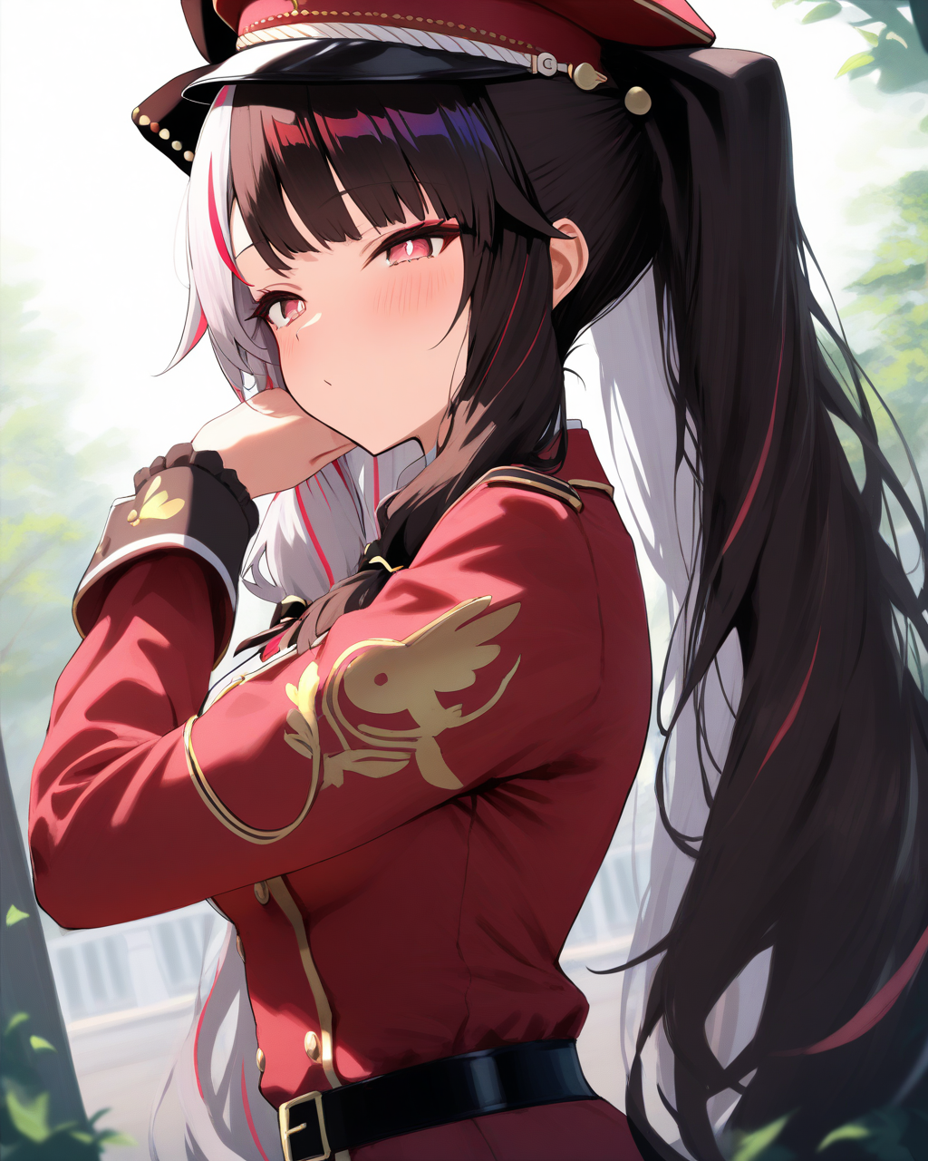 1girl,
YorumiRenaNijisanji,
YorumiRenaNijisanji2ndCostume,
sensitive, solo, perspective, dutch angle, from side, upper body,
two-tone hair, military hat, twintails,
beautiful eyes, adjusting hair,
military uniform, red jacket, double-breasted,
belt, belt buckle,
outdoors,
depth of field,
<lora:kp_YorumiRenaNijisanjiAnimagineXL_v1_1:1.0>
masterpiece, high score, great score, absurdres