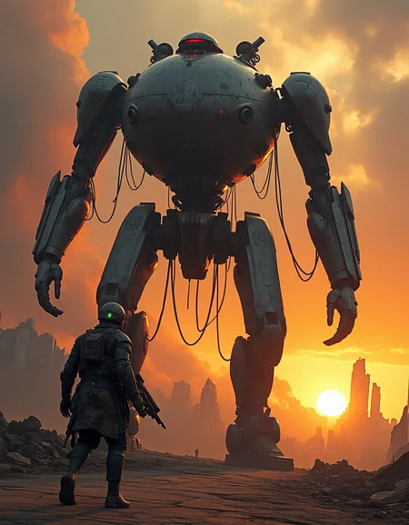 Imagine an image of a monolithic war machine, its titanium-plated hull scarred from centuries of battle, standing motionless in a vast futuristic wasteland. The sky is a sickly orange, choked with dust storms and distant plumes of industrial smoke, casting an apocalyptic glow over the crumbling remains of a once-thriving metropolis. The sentinel’s red-lit optical sensors scan the horizon, while its rust-covered limbs remain frozen mid-motion, thick cables dangling like severed tendons. A lone scavenger, clad in layered patchwork armor and a cracked helmet, approaches cautiously, their plasma rifle casting a faint green glow onto the cracked asphalt beneath them. Jagged remnants of skyscrapers rise in the distance, their shattered glass facades reflecting the dying sun. The composition is grim and dystopian, with hyper-realistic environmental texturing and a focus on atmospheric lighting from swirling dust storms.