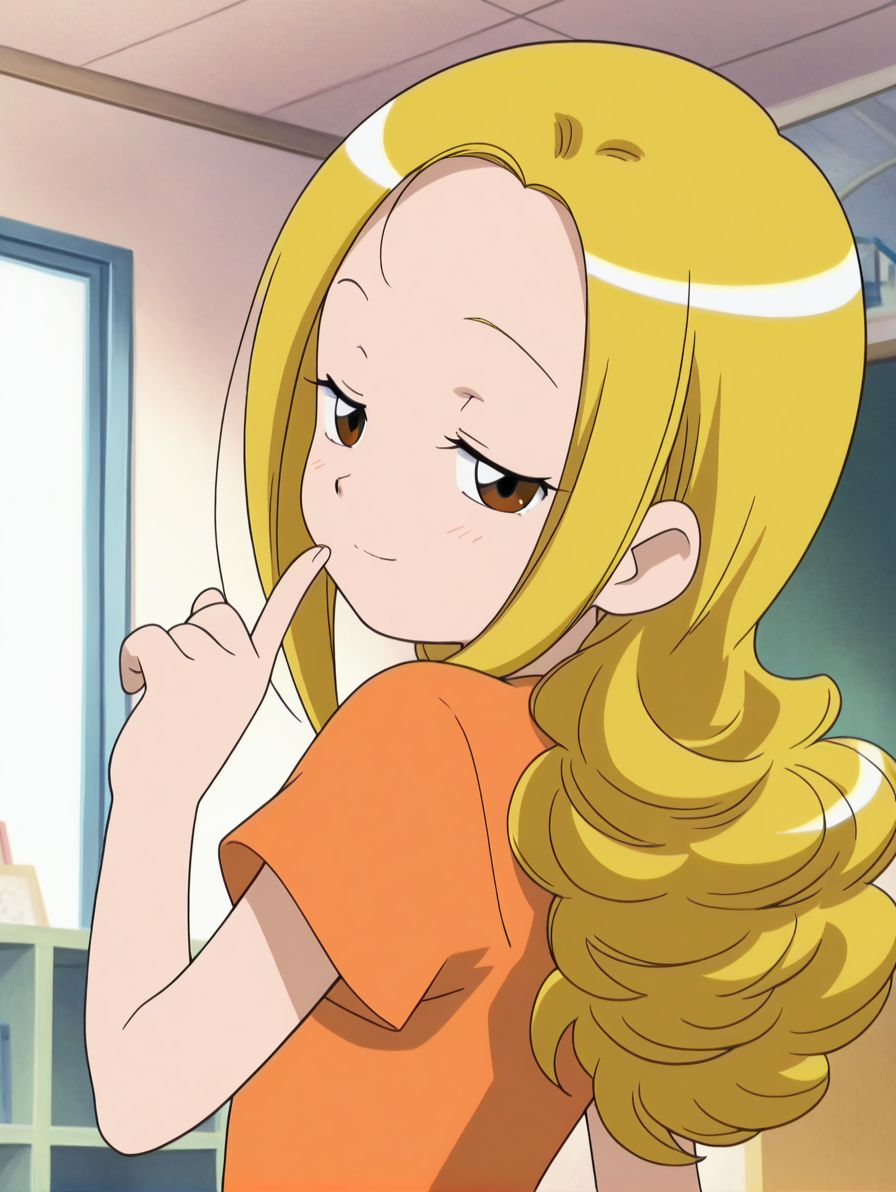1girl,shiny skin ,<lora:tamaki_ill_v2:0.85> ojatamakir, long hair, blonde hair, brown eyes, orange dress, short sleeves,BREAK
upper body,looking back,light smile,half-closed eyes,index finger raised,room,BREAK
Explicit,masterpiece,best quality,amazing quality,looking at viewer,