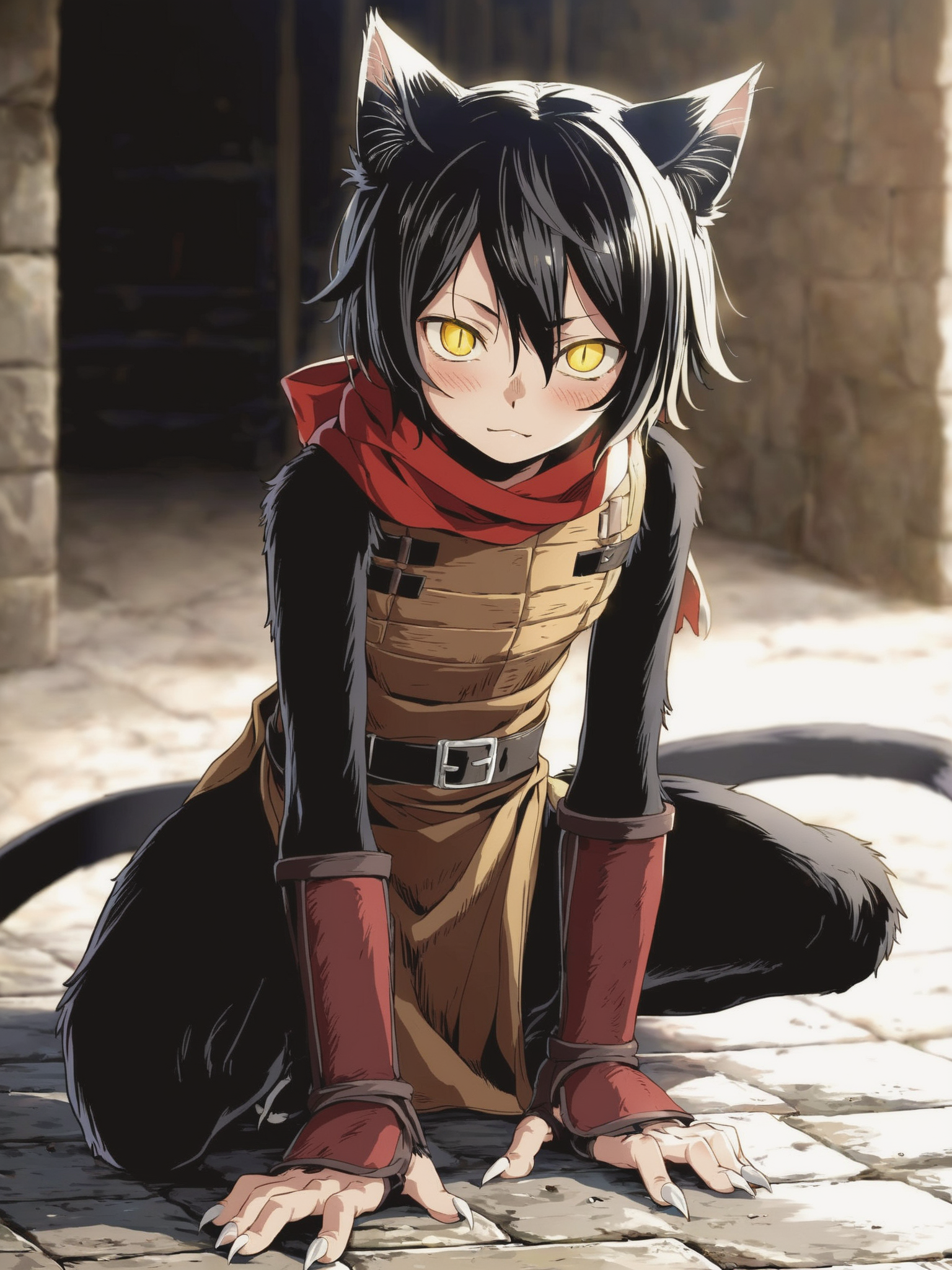 score_9,score_8_up,score_7_up,best quality,masterpiece,4k,uncensored,prefect lighting,rating_safe,very aesthetic,anime,art,fine art parody BREAK
official art,
1girl,small girl,:3,
slit pupils,slave,ninja,belt,tunic,
dungeon,blurry background,dynamic pose,full body,
solo,looking_at_viewer,blush,claws,
cat girl,(furry:1.2),black fur,(asymmetrical  body fur:1.2,,izutsumi,black_hair,short_hair,yellow_eyes,cat_tail,slit_pupils,two-tone fur,,,,,,<lora:ã¤ããã3d4js2:0.8>,,,,,