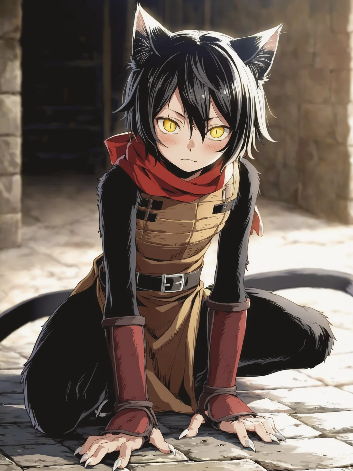 score_9,score_8_up,score_7_up,best quality,masterpiece,4k,uncensored,prefect lighting,rating_safe,very aesthetic,anime,art,fine art parody BREAK
official art,
1girl,small girl,:3,
slit pupils,slave,ninja,belt,tunic,
dungeon,blurry background,dynamic pose,full body,
solo,looking_at_viewer,blush,claws,
cat girl,(furry:1.2),black fur,(asymmetrical body fur:1.2,,izutsumi,black_hair,short_hair,yellow_eyes,cat_tail,slit_pupils,two-tone fur,,,,,,<lora:ã¤ã
ãã3d4js2:0.8>,,,,,