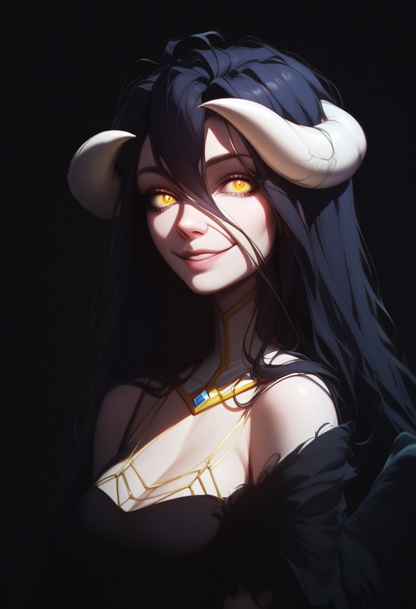 Blend_in, black background, score_9, score_8_up, score_7_up, masterpiece, best quality, absurdres, vibrant, highly detailed, very aesthetic, portrait, 1girl, solo, slimes_albedo, black wings, black dress, looking at viewer, (smile:0.8)