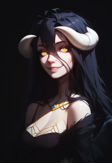 Blend_in, black background, score_9, score_8_up, score_7_up, masterpiece, best quality, absurdres, vibrant, highly detailed, very aesthetic, portrait, 1girl, solo, slimes_albedo, black wings, black dress, looking at viewer, (smile:0.8)