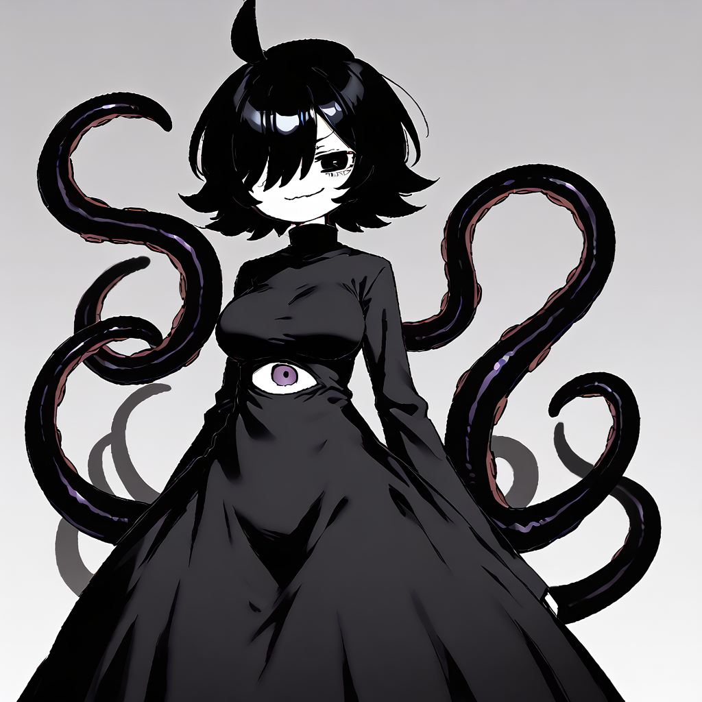 <lora:Mammon:1> 1girl, solo, black hair, ahoge, short hair, long sleeves, tentacles, black eyes, white skin, colored skin, black dress, large breasts, hair over one eye, smug, long dress