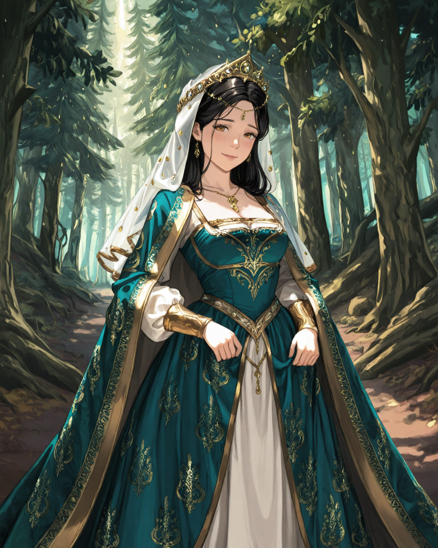 1girl, wearing medfa, medfa clothing, waist-up, extremely detailed clothing, jacquard fabric, gold embroidery, gentle eyes, enchanted forest, sunny raindrops, masterpiece, highest quality, absurdres, digital art, very detailed, 8k, best quality, high resolution,  <lora:Medieval_Fashion_Illustrious:1.2>,   <lora:granblue-noob:1>
