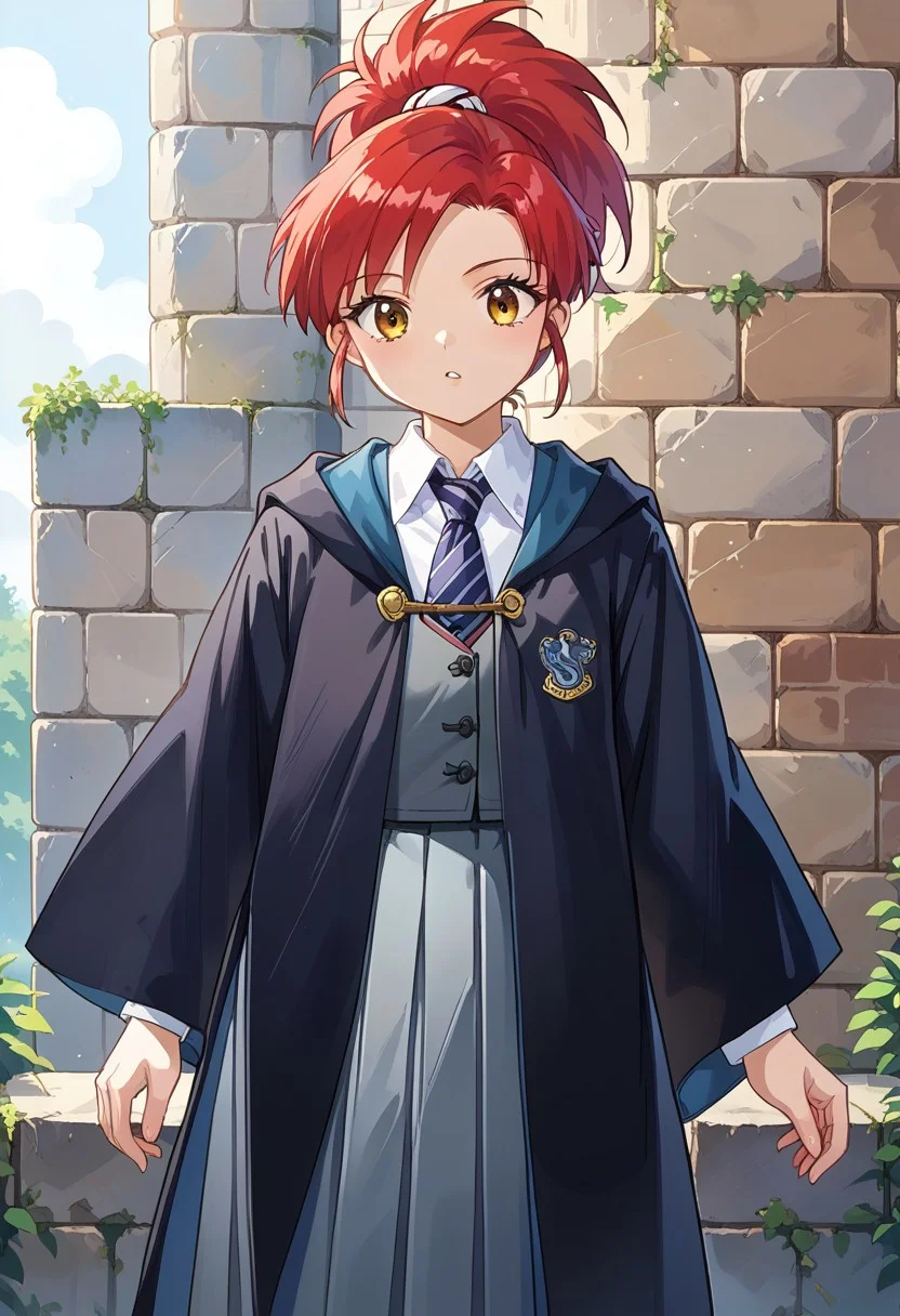 score_8, score_8_up, score_7_up, source_anime, official art, anime screenshot BREAK female focus, solo, 1girl, Elie_Lunar, red hair, ponytail, sidelocks, EPRobeRavenclaw, wearing EPRobeRavenclaw, collared shirt, open robe, white shirt, emblem, grey skirt, black robe, blue necktie, striped necktie, grey vest, wide sleeves, long sleeves, hood down, skirt, long skirt, pleated skirt, stone wall, castle interior, looking down, amazed expression