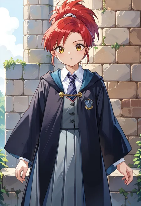 score_8, score_8_up, score_7_up, source_anime, official art, anime screenshot BREAK female focus, solo, 1girl, Elie_Lunar, red hair, ponytail, sidelocks, EPRobeRavenclaw, wearing EPRobeRavenclaw, collared shirt, open robe, white shirt, emblem, grey skirt, black robe, blue necktie, striped necktie, grey vest, wide sleeves, long sleeves, hood down, skirt, long skirt, pleated skirt, stone wall, castle interior, looking down, amazed expression