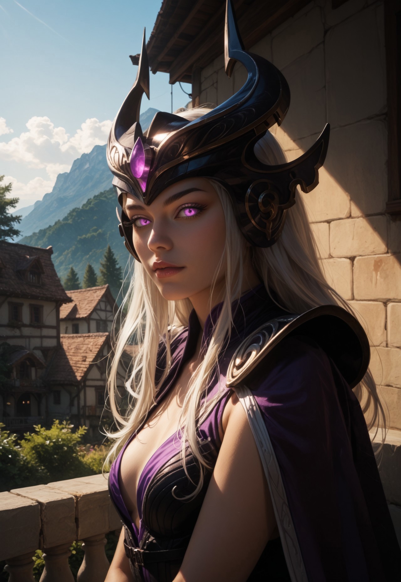 safe_pos, score_9, score_8_up, score_7_up, score_6_up, rating_explicit, score_9, score_8_up, score_7_up, A large majestic mountain with a village resting at its summit, a beautiful girl yodeling, subsurface scattering, Photorealistic, Hyperrealistic, analog style, realistic, film photography, soft lighting, photo, cinematography, high resolution, 8k, syndra, white hair, glowing purple eyes, dark_sphere