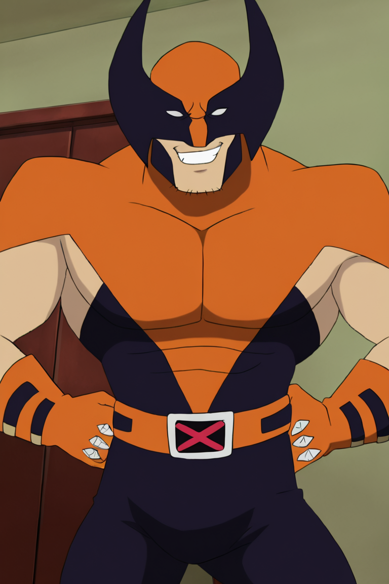 masterpiece, best quality, highres, newest, wolvevo, 1boy, solo, male focus, mature male, facial hair, stubble, bodysuit, orange bodysuit, black bodysuit, two-tone bodysuit, short sleeves, orange gloves, mask, covered eyes, white eyes, no pupils, belt, muscular, smile, grin, hands on own hip, looking at viewer, standing, portrait, upper body, indoors, living room <lora:Wolverine (Logan) X-Men Evolution (First Suit) v1.1 [LoRA] - NoobAI-XL EPS 1.0:1>