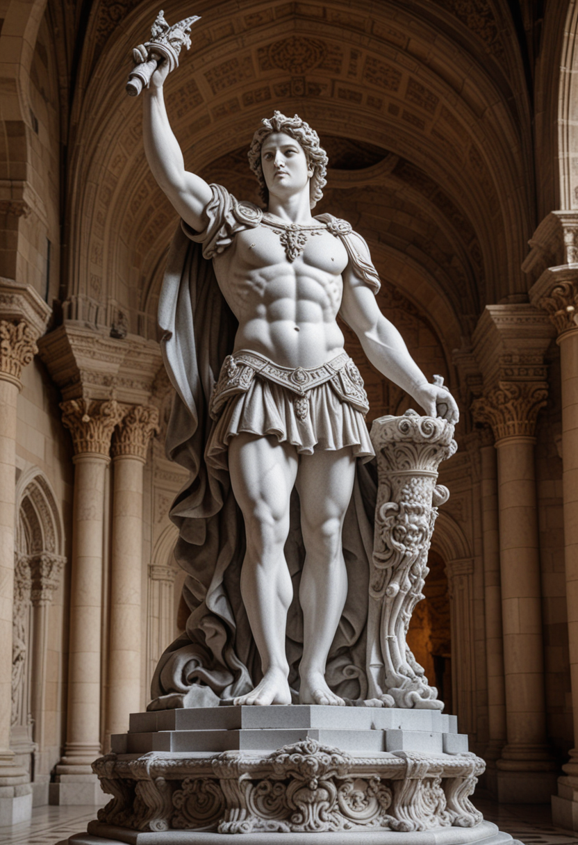 (medium full shot) of (magnificent granite statue) in a dynamic action pose,  , with ornate breastplate,   located in  a majestic castle, featuring towering spires, grand halls, intricate tapestries, serene courtyards, stylish seating , Masterpiece,best quality, photo, realistic, very aesthetic,
