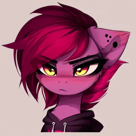 (magnaluna), score_9, score_8_up, score_7_up, score_6_up, score_5_up, score_4_up, source_pony, pony, emo, (closeup), headshot, face only, detailed eyes, hoodie, looking at viewer, cute annoyed expression, blush, tilted angle, (tilted head), portrait, graphic art strokes