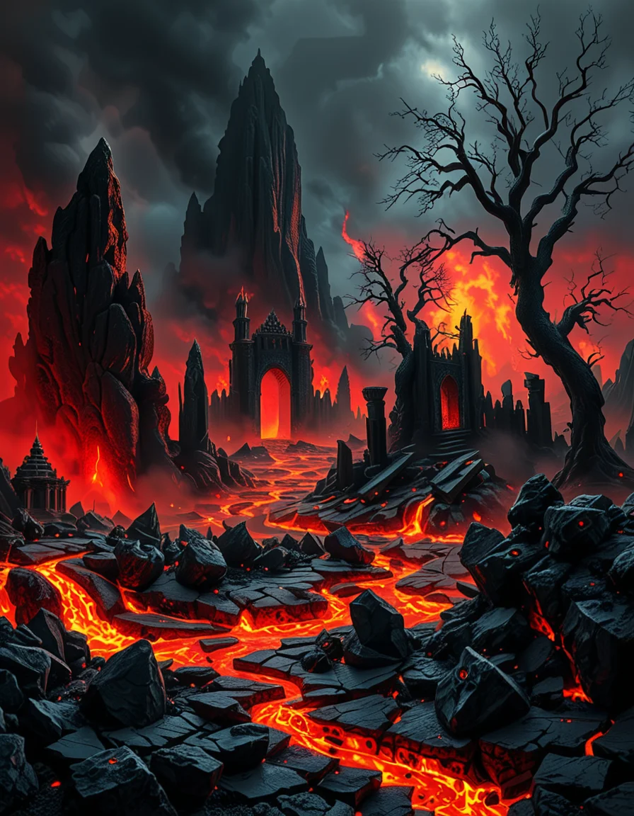 A terrifying and surreal depiction of the depths of Hell. The landscape is vast and nightmarish, filled with jagged obsidian cliffs, rivers of molten lava, and towering spires of blackened rock. The sky is a swirling vortex of crimson and black, illuminated by eerie, flickering flames. Chains dangle from massive, decaying arches, and tormented souls writhe in agony, their ghostly figures stretching toward the burning sky. Demonic creatures with twisted horns and glowing eyes lurk in the shadows, watching hungrily. The ground is cracked and scorched, exhaling thick plumes of sulfuric smoke. In the distance, a colossal, menacing throne made of skulls and bones looms over the infernal landscape, occupied by a shadowy, horned figure. The atmosphere is thick with despair, enhanced by a dramatic, chiaroscuro lighting effect that contrasts the deep shadows with the hellish glow of the flames. Hyper-realistic, highly detailed, dark fantasy style.
<lora:SDXLFaeTastic2400:0.4> <lora:extremely_detailed:0.4> extremely detailed,<lora:depths_of_h3ll:1>,depths of h3ll, Masterpiece,best quality,hi res,8k,hi res,8k,award winning,(sharp focus, intricate, highly detailed),