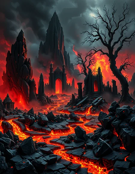 A terrifying and surreal depiction of the depths of Hell. The landscape is vast and nightmarish, filled with jagged obsidian cliffs, rivers of molten lava, and towering spires of blackened rock. The sky is a swirling vortex of crimson and black, illuminated by eerie, flickering flames. Chains dangle from massive, decaying arches, and tormented souls writhe in agony, their ghostly figures stretching toward the burning sky. Demonic creatures with twisted horns and glowing eyes lurk in the shadows, watching hungrily. The ground is cracked and scorched, exhaling thick plumes of sulfuric smoke. In the distance, a colossal, menacing throne made of skulls and bones looms over the infernal landscape, occupied by a shadowy, horned figure. The atmosphere is thick with despair, enhanced by a dramatic, chiaroscuro lighting effect that contrasts the deep shadows with the hellish glow of the flames. Hyper-realistic, highly detailed, dark fantasy style.
<lora:SDXLFaeTastic2400:0.4> <lora:extremely_detailed:0.4> extremely detailed,<lora:depths_of_h3ll:1>,depths of h3ll, Masterpiece,best quality,hi res,8k,hi res,8k,award winning,(sharp focus, intricate, highly detailed),