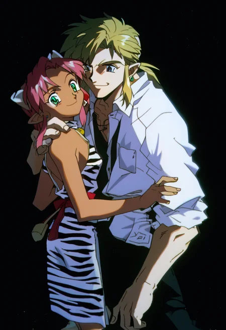score_9, score_8_up, score_7_up, score_6_up, Masterpiece, source_anime screenshot, 1 girl, vivid colors, full color, shiny and glossy, anime style, high-res, beautiful aesthetic, very intricate, high-quality details, vibrant, highly detailed, award-winning, professional, <lora:pink-ponyxl-v2:1>, 1 girl, :3, single fang showing, sleeveless dress, white tiger print dress, pelvic curtain, cleavage, white cat ears, cat bell necklace, bright pink hair, long hair, tanned, white tiger tail, red sash, small breasts, leather shoes, detailed eyes, green eyes, detailed face, break, <lora:link:1> 1boy, link1, link, pointy ears, blonde hair, blue eyes, medium hair, side locks, earrings, short ponytail, blue hylian tunic, slight smile, break, pink and link posing sexily <lora:clean90sanime_pony11:1>, 90s