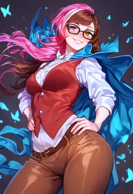 (score_9, score_8_up, score_7_up, high quality, best quality, ultra-detailed, very aesthetic, illustration, perfect composition, intricate details, absurdres, high res image, masterpiece, vibrant colors, beautiful face, detailed face, 1girl, solo focus, single character, perfect eyes, detailed eyes, female), neopolitandef, long hair, brown hair, brown eyes, pink hair, multicolored hair, pink eyes, two-tone hair, heterochromia, split-color hair, pale skin, thick thighs, perfect body, voluptuous, medium breasts, curvy body, narrow-waisted, wide hips, (blue cape, white shirt, dark red vest, cravat, brown pants, glasses), (hand on hip, small smile, blush), blank background