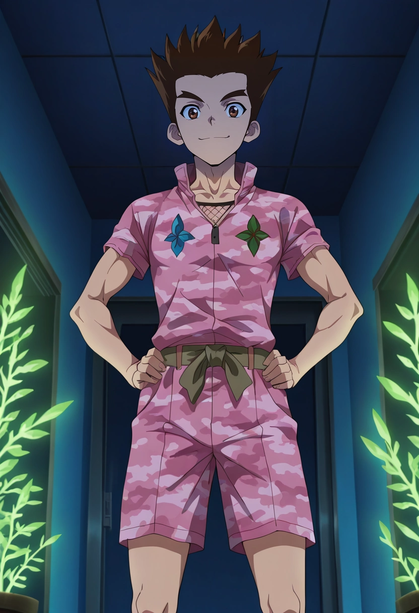 masterpiece, best quality, intricate details, anime screencap, anime coloring, official style, looking at viewer, 1boy, solo, male focus, <lora:taiju_ooki_ilxl:0.98>, taiju_ooki, brown hair, brown eyes, short hair, spiked hair, panorama, energy plant, indoors, dark, hand on hip, happy, Camouflage Tweed Pink Track shorts with mesh panels, Geometric Barkcloth Sweatshirt, , ,