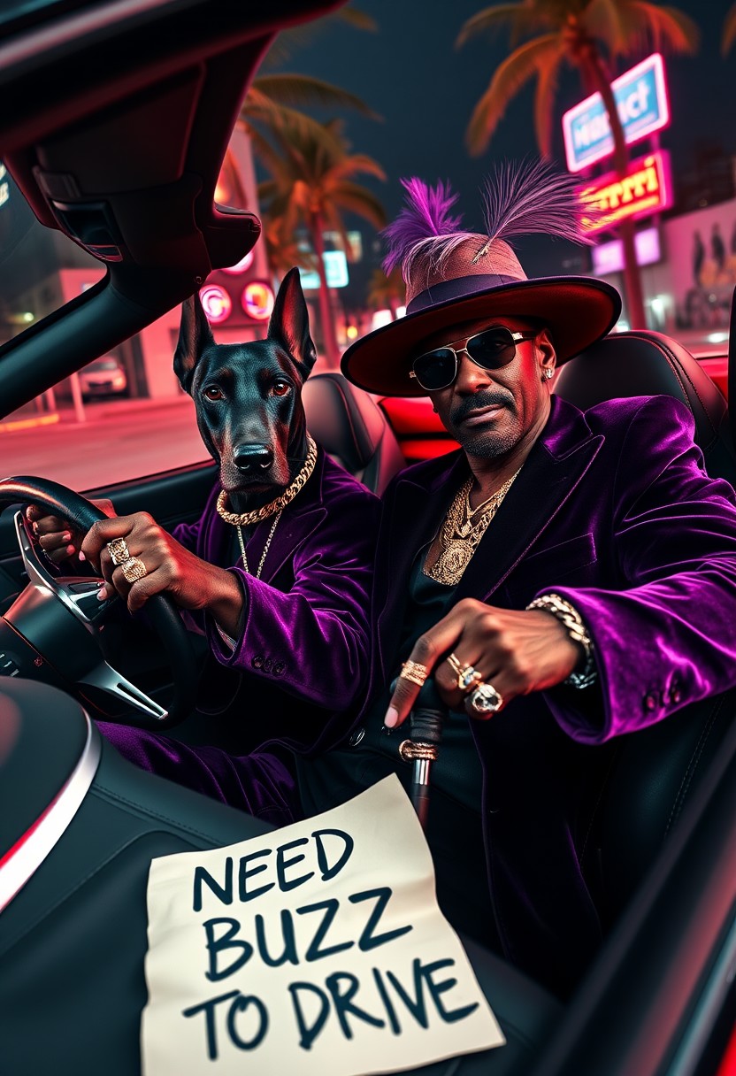 A fierce black Doberman with cropped ears, eyes sharp and intimidating, commands the driver’s seat of a flashy 80s red Ferrari, gripping the wheel with a deadly focus. Beside him, Snoop Dogg, decked out in full pimp style, lounges with effortless swagger. He’s rocking a purple velvet suit with gold trim, a wide-brimmed hat adorned with a feather, oversized gold chains, and flashy rings on every finger. His cane rests across his lap, and he casually holds a crumpled letter with bold, graffiti-style text that reads: "NEED BUZZ TO DRIVE." The Ferrari’s interior is lined with slick, black leather and aggressive red stitching, radiating luxury. Outside, a neon-lit Miami backdrop with swaying palm trees and gritty streets contrasts the car's polished exterior. The entire scene oozes photorealistic detail, dripping with a mix of high-end style, street cool, and edgy attitude.