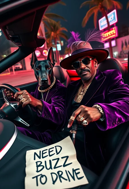 A fierce black Doberman with cropped ears, eyes sharp and intimidating, commands the driver’s seat of a flashy 80s red Ferrari, gripping the wheel with a deadly focus. Beside him, Snoop Dogg, decked out in full pimp style, lounges with effortless swagger. He’s rocking a purple velvet suit with gold trim, a wide-brimmed hat adorned with a feather, oversized gold chains, and flashy rings on every finger. His cane rests across his lap, and he casually holds a crumpled letter with bold, graffiti-style text that reads: "NEED BUZZ TO DRIVE." The Ferrari’s interior is lined with slick, black leather and aggressive red stitching, radiating luxury. Outside, a neon-lit Miami backdrop with swaying palm trees and gritty streets contrasts the car's polished exterior. The entire scene oozes photorealistic detail, dripping with a mix of high-end style, street cool, and edgy attitude.