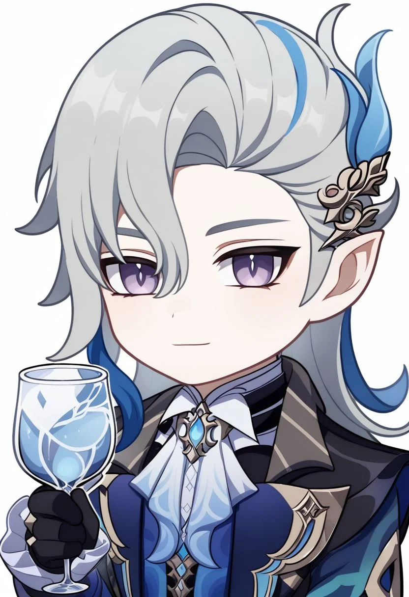neuvillette, 1boy, male focus, cup, holding cup, gloves, solo, chibi, black gloves, holding, blue hair, drinking glass, pointy ears, grey hair, long hair, multicolored hair, looking at viewer, hair ornament, smile, purple eyes, white background, simple background, upper body, neuvillette (genshin impact), grey eyes, transparent background, 1boy, male focus, cup, holding cup, feather hair ornament zPDXL