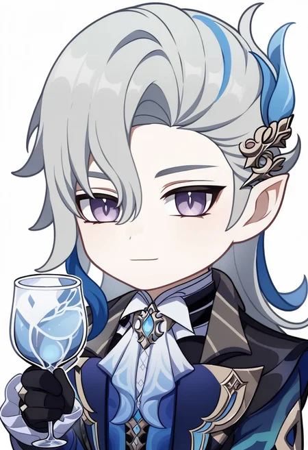 neuvillette, 1boy, male focus, cup, holding cup, gloves, solo, chibi, black gloves, holding, blue hair, drinking glass, pointy ears, grey hair, long hair, multicolored hair, looking at viewer, hair ornament, smile, purple eyes, white background, simple background, upper body, neuvillette (genshin impact), grey eyes, transparent background, 1boy, male focus, cup, holding cup, feather hair ornament zPDXL