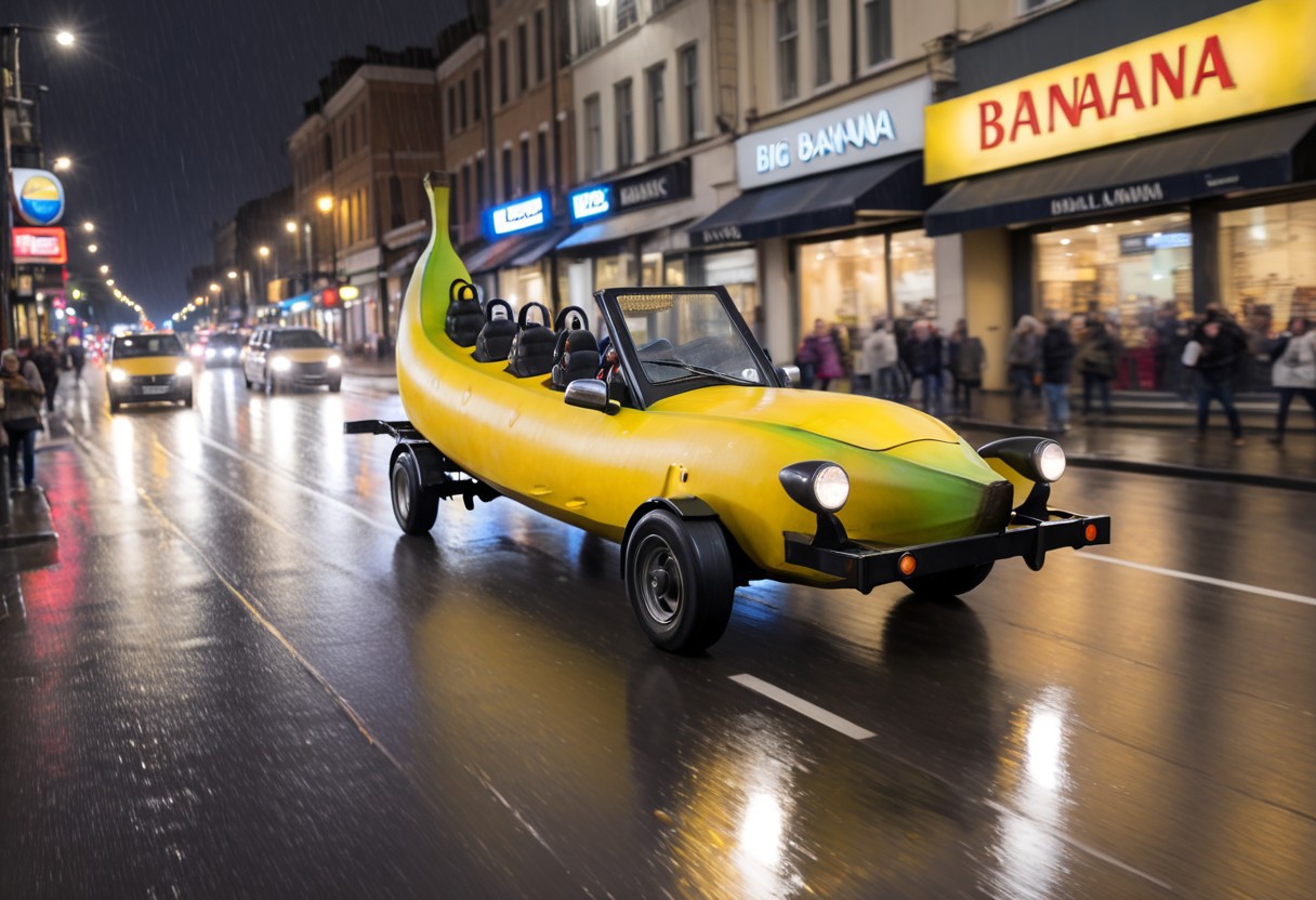 big banana car, 4 wheels, 4 seats, car on a busy street at night, rainy, motion blur, fast, professional photography, flares, bokeh,