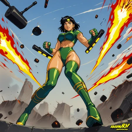 score_9,score_8_up,score_7_up,score_6_up,score_5_up,score_4_up BREAK <lora:black_orchid-v0_pdxl:0.8>,black orchid,1girl,short hair,black hair,green nails,thighhighs,gloves,high heels,thigh boots,green footwear,fingerless gloves,crop top,headband,green leotard,earrings,jewlery,1990s (style),Asian,tonfa,weapon,cover page,action pose,fire,explosions,from below,