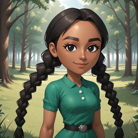 score_9, score_8, BREAK, solo, wii, mii, wii sports club, 1girl, female mii, black eyes, thick eyebrows, black hair, low braids, dark skin, dark skin female, smile, dark green clothing, black pants, shoes, cute, nintendo mii, modern_mii, classic_mii, breasts, laura_(\wii_sports_club\), sexy pose, self portrait, smile, outdoors, sunlight, shadows, evening lighting, natural lighting, forest, trees, grass, orange sky, sunset