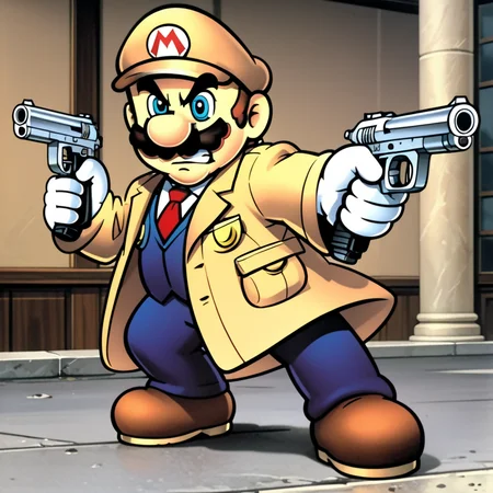 score_9, score_8_up, score_7_up, score_6_up, score_5_up, (Mario:1), trench coat, brown hair, rating safe, mustache, dual wielding handguns, black boots, solo, angry, aiming guns, office lobby, the Matrix white gloves, standing, (official Nintendo artwork:1.2)