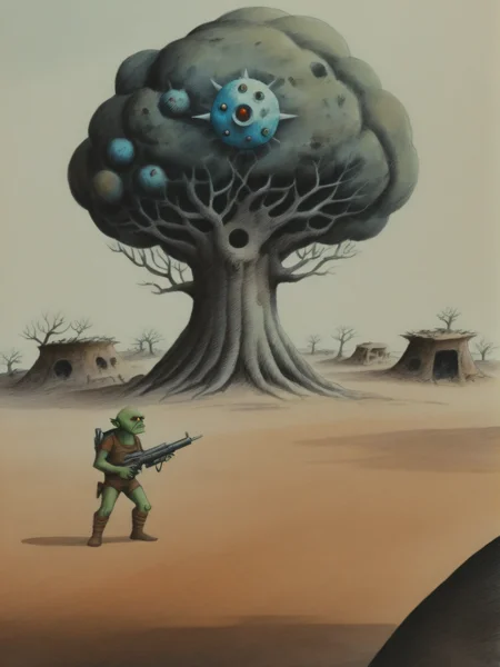 2d retro illustration, watercolor, pencil crayon, world tree and Orc Wasteland with ray gun and Electrostatic Dust Fields  
 simple face detail <lora:Fantastic_Planet_XL01:1.0>