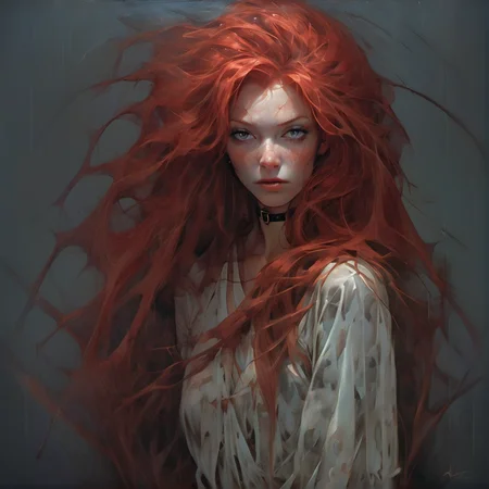 Full body photo of a beautiful spider woman, adorable face, red long layered hair, no makeup, realistic skin texture, inspired by Alessio Albi, f1. 4, 85mm lens, hyper realistic , lifelike texture, dramatic lighting, professional shot, heavy shadows, dynamic pose, innocent look, highly detailed, light casts beautifully on subject, <lora:mjilluminate-000010:1>