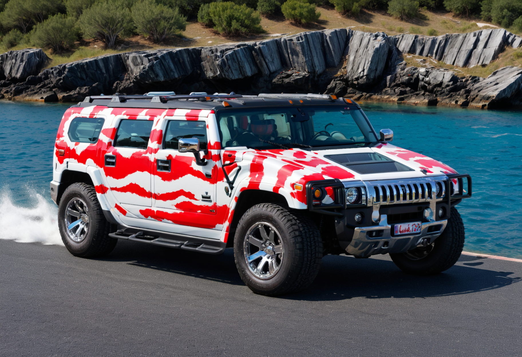 lgcrs,a  car, Hummer, looking like a tank,with aggressive color pattern, whirling red, parked on a black marble surface,before a fantasy tome, bright seas pattern
<lora:Retro_Cars-000011:0.8>,